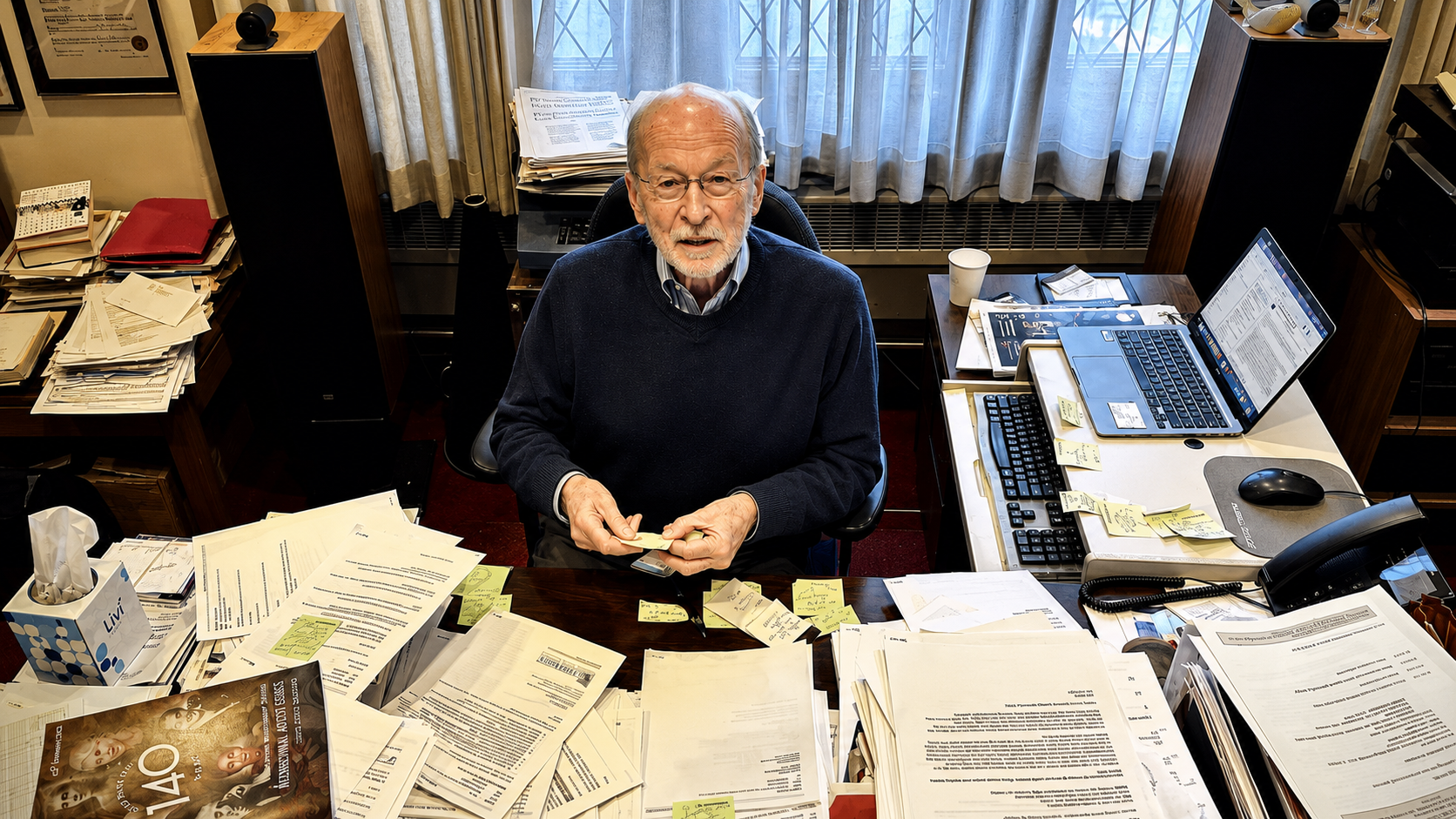 At his desk